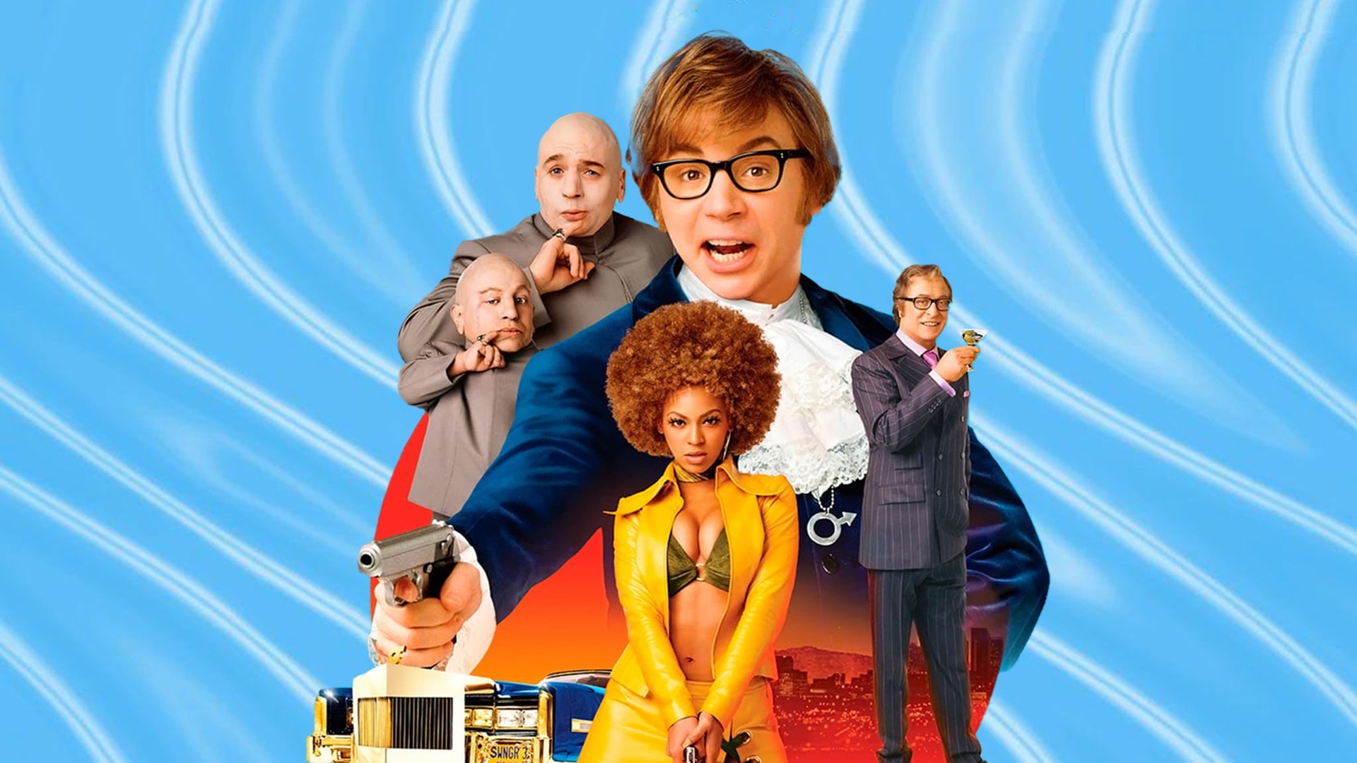 Cinematic background from Austin Powers in Goldmember 2002 - The world's most shagadelic spy continues his fight against Dr. Evil. This time, the diabolical doctor and his clone, Mini-Me, team up with a new foe—'70s kingpin Goldmember. While pursuing the team of villains to stop them from world domination, Austin gets help from his dad and an old girlfriend.