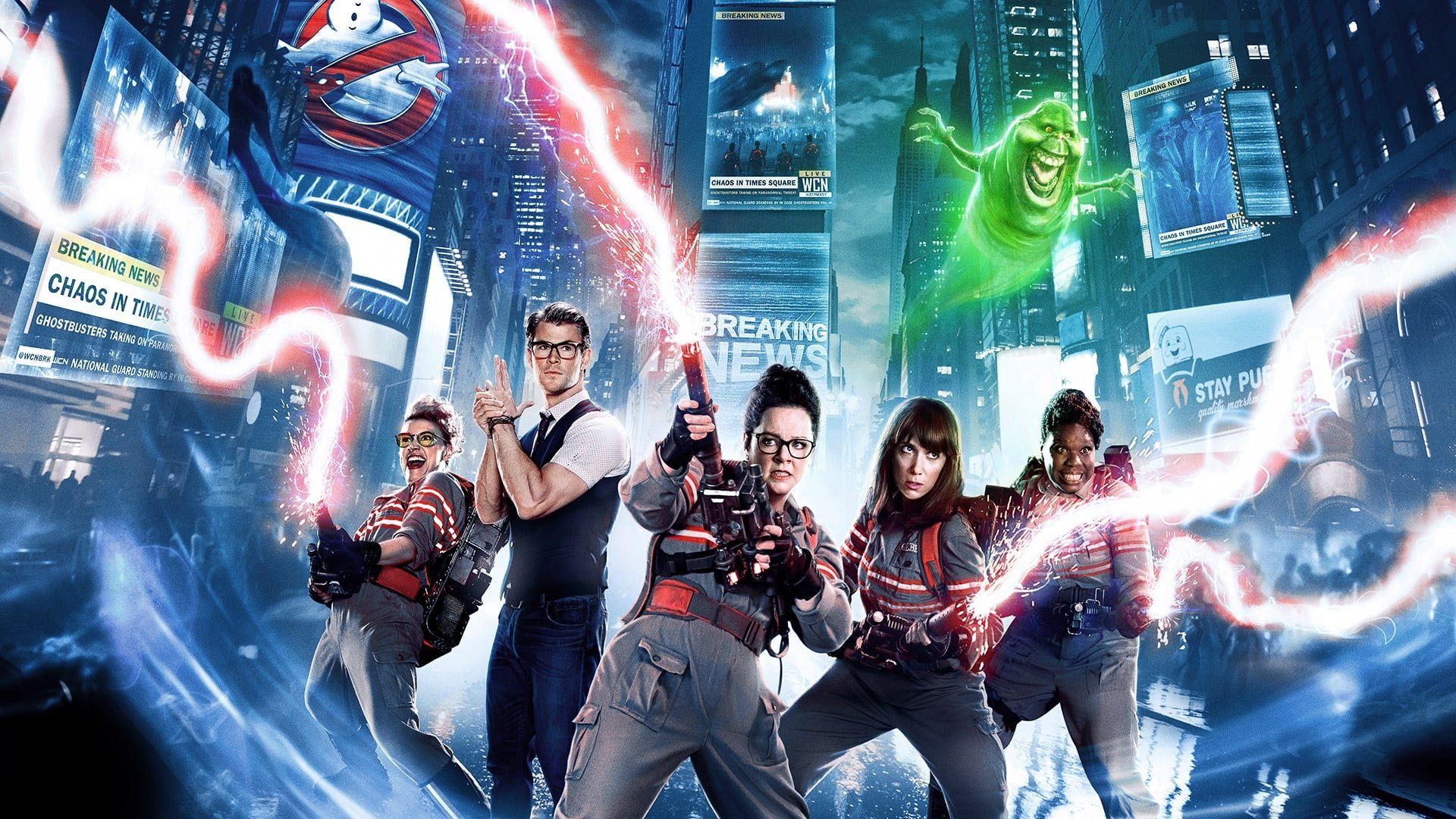 Cinematic background from Ghostbusters 2016 - Following a ghost invasion of Manhattan, paranormal enthusiasts Erin Gilbert and Abby Yates, nuclear engineer Jillian Holtzmann, and subway worker Patty Tolan band together to stop the otherworldly threat.