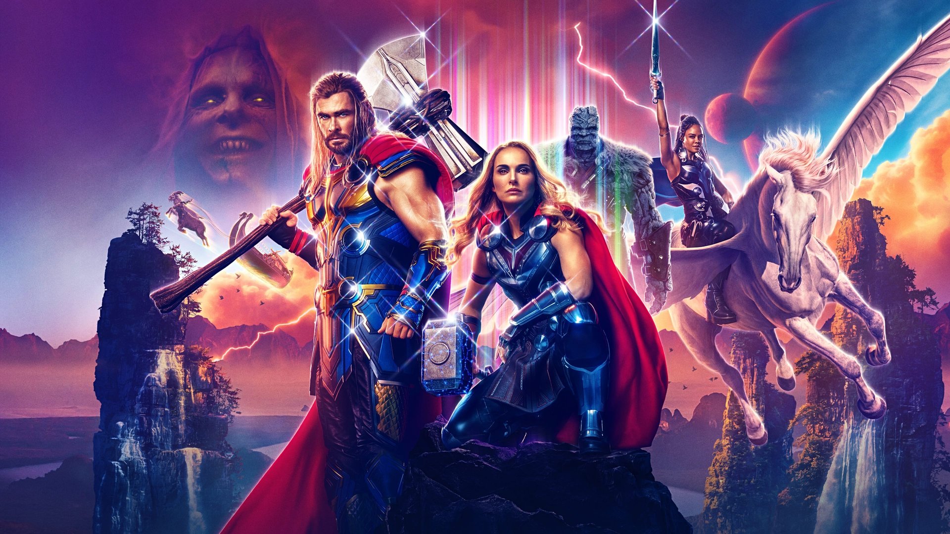 Cinematic background from Thor: Love and Thunder 2022 - After his retirement is interrupted by Gorr the God Butcher, a galactic killer who seeks the extinction of the gods, Thor Odinson enlists the help of King Valkyrie, Korg, and ex-girlfriend Jane Foster, who now wields Mjolnir as the Mighty Thor. Together they embark upon a harrowing cosmic adventure to uncover the mystery of the God Butcher’s vengeance and stop him before it’s too late.