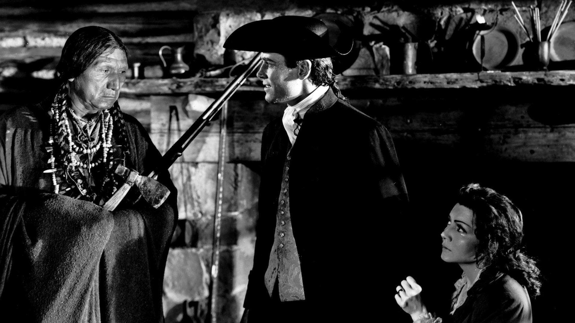 Cinematic background from Drums Along the Mohawk 1939 - Albany, New York, 1776. After marrying, Gil and Lana travel north to settle on a small farm in the Mohawk River Valley, but soon their growing prosperity and happiness are threatened by the sinister sound of drums that announce dark times of revolution and war.