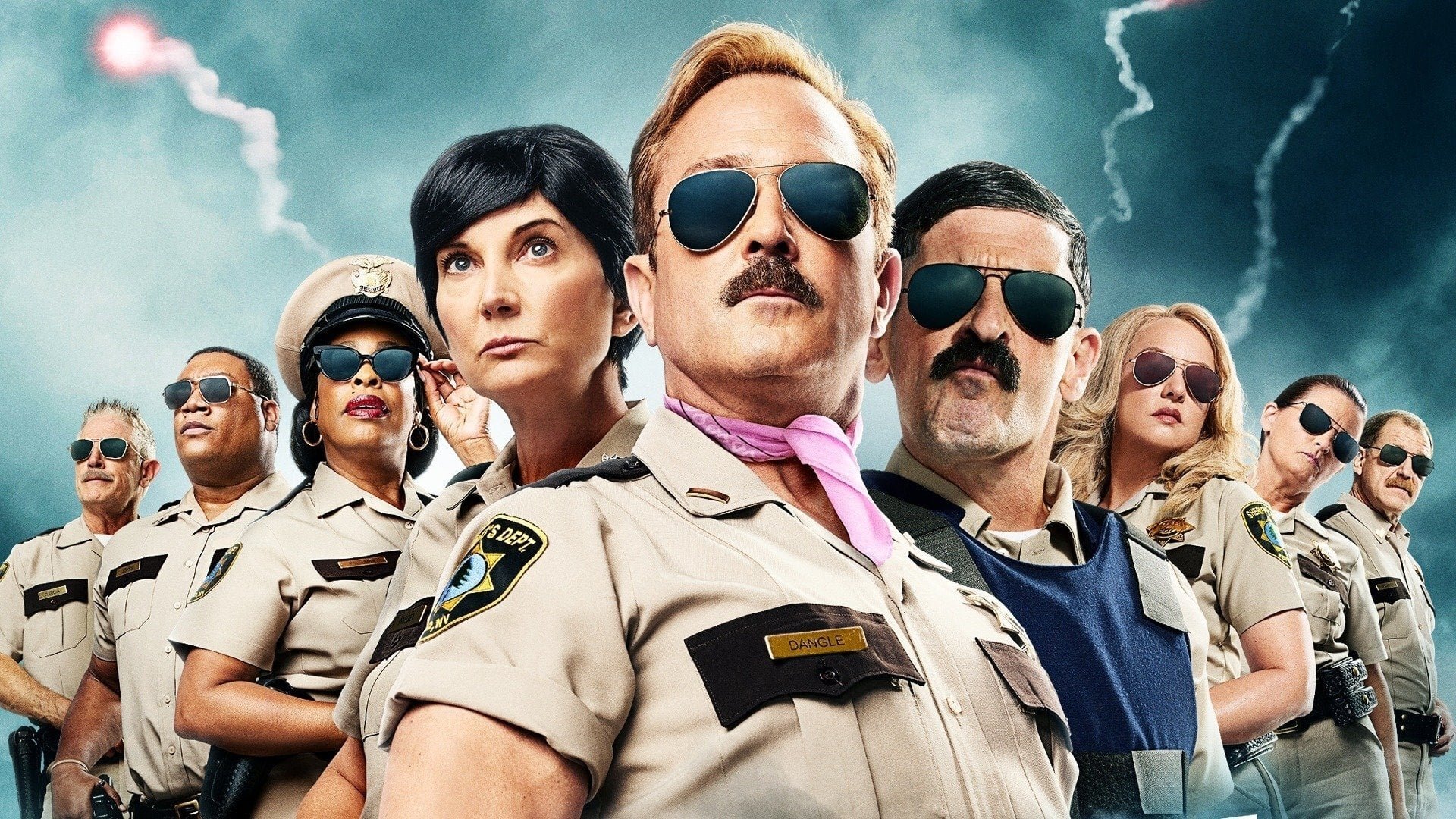 Cinematic background from Reno 911!: The Hunt for QAnon 2021 - The Reno Sheriff’s Department find themselves in their stickiest situation yet, hunting down “Q," the person supposedly behind all of the conspiracy theories concocted by the QAnon movement. In their valiant efforts, the officers find themselves stuck at the QAnon convention at sea, and ultimately end up in more trouble when they escape only to discover that they’ve landed on Jeffrey Epstein’s infamous island.