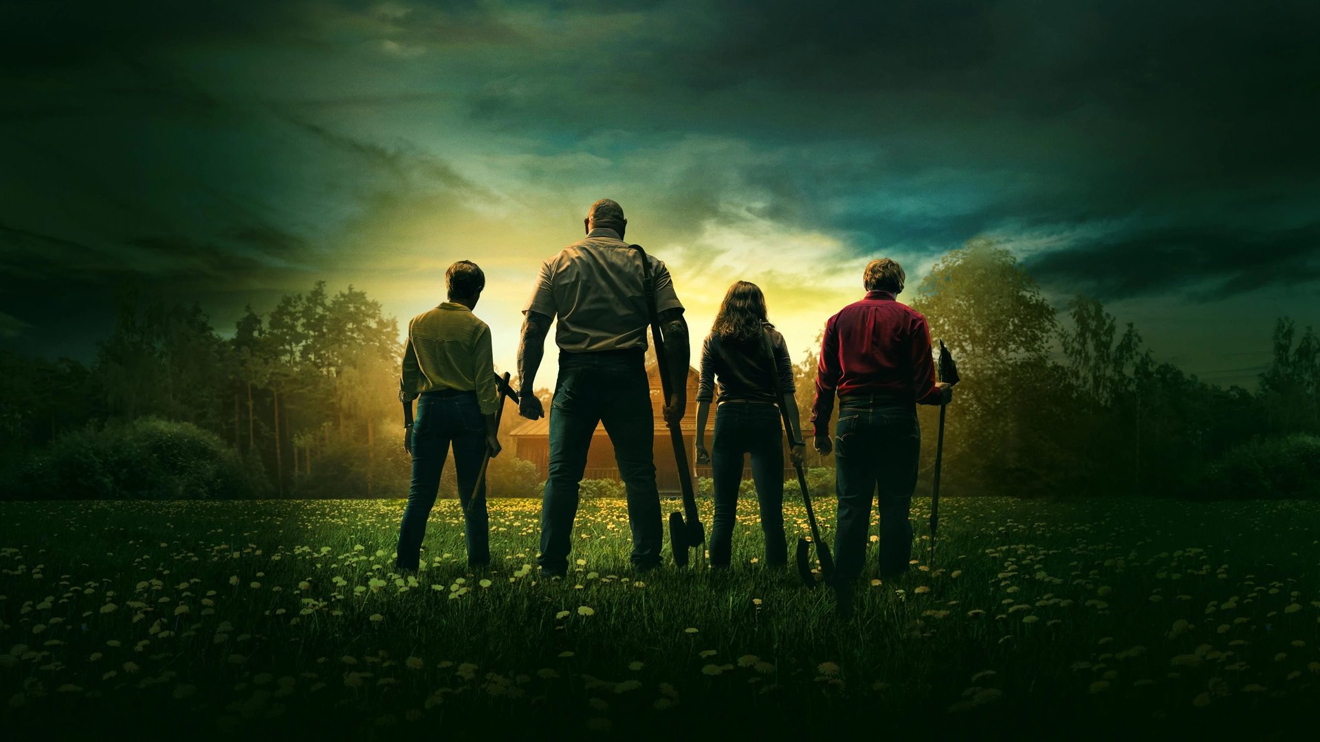 Cinematic background from Knock at the Cabin 2023 - While vacationing at a remote cabin, a young girl and her two fathers are taken hostage by four armed strangers who demand that the family make an unthinkable choice to avert the apocalypse. With limited access to the outside world, the family must decide what they believe before all is lost.