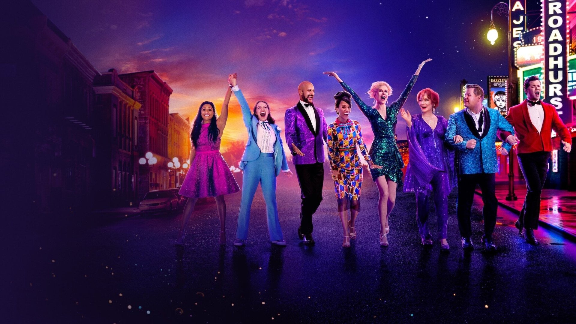 Cinematic background from The Prom 2020 - After the PTA of a conservative high school in Indiana bans same-sex couples from attending the annual prom, a gang of flamboyant Broadway stars try to boost their image by showing up to support two lesbian students.