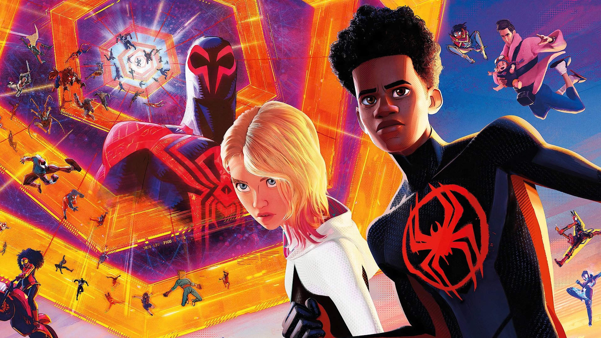 Cinematic background from Spider-Man: Across the Spider-Verse 2023 - After reuniting with Gwen Stacy, Brooklyn’s full-time, friendly neighborhood Spider-Man is catapulted across the Multiverse, where he encounters the Spider Society, a team of Spider-People charged with protecting the Multiverse’s very existence. But when the heroes clash on how to handle a new threat, Miles finds himself pitted against the other Spiders and must set out on his own to save those he loves most.