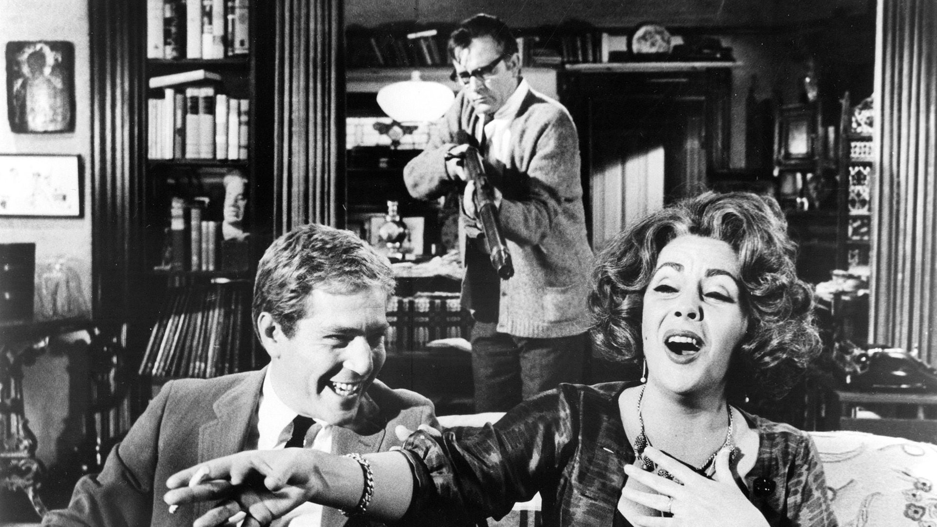 Cinematic background from Who's Afraid of Virginia Woolf? 1966 - A history professor and his wife entertain a young couple who are new to the university's faculty. As the drinks flow, secrets come to light, and the middle-aged couple unload onto their guests the full force of the bitterness, dysfunction, and animosity that defines their marriage.