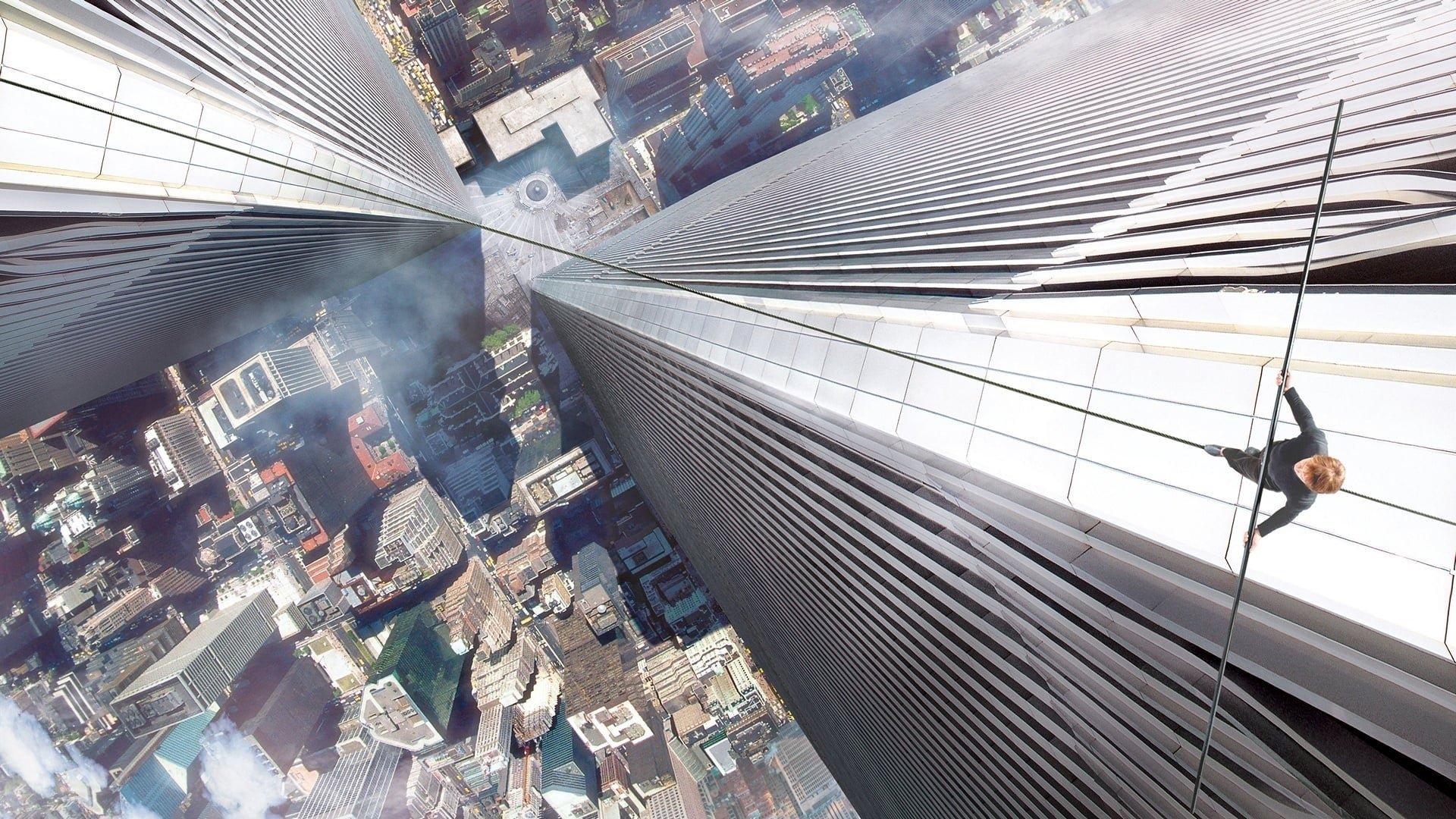 Cinematic background from The Walk 2015 - The story of French high-wire artist Philippe Petit's attempt to cross the Twin Towers of the World Trade Center in 1974.