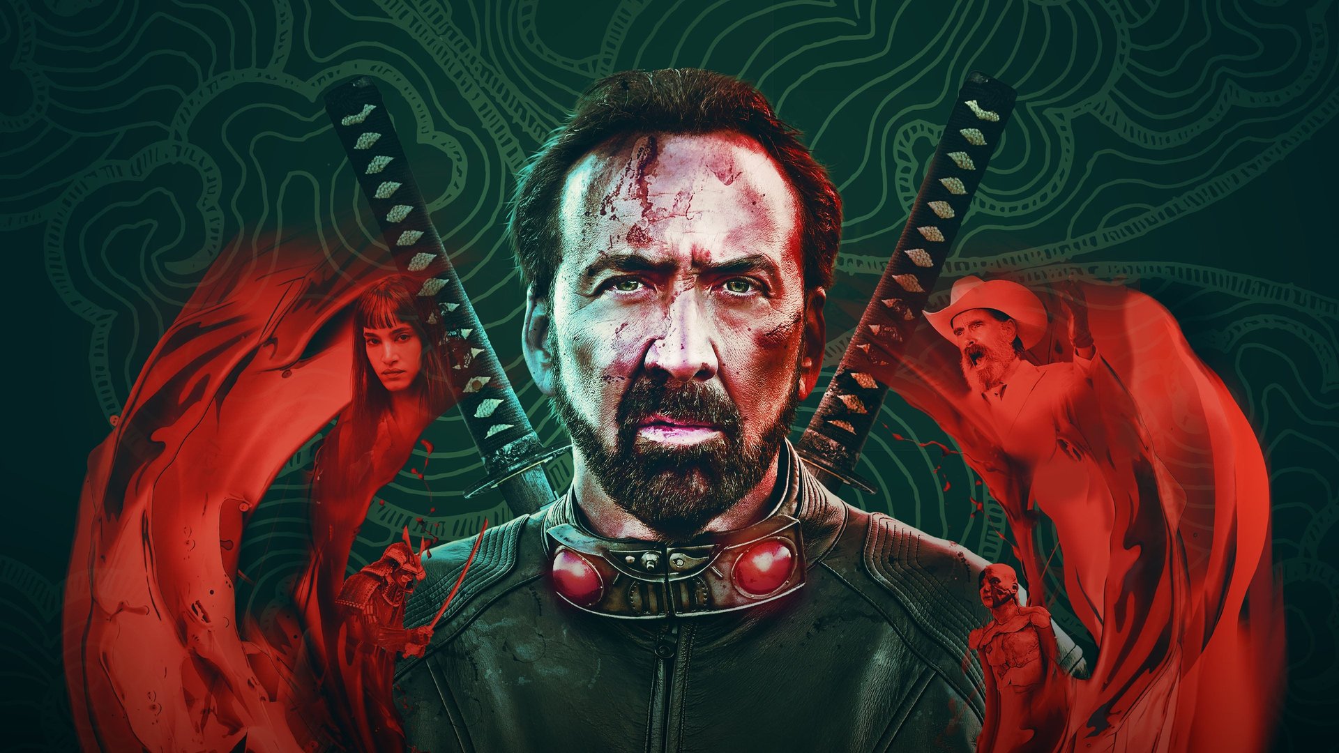 Cinematic background from Prisoners of the Ghostland 2021 - In the treacherous frontier city of Samurai Town, a ruthless bank robber is sprung from jail by wealthy warlord The Governor, whose adopted granddaughter Bernice has gone missing. The Governor offers the prisoner his freedom in exchange for retrieving the runaway. Strapped into a leather suit that will self-destruct within five days, the bandit sets off on a journey to find the young woman—and his own path to redemption.