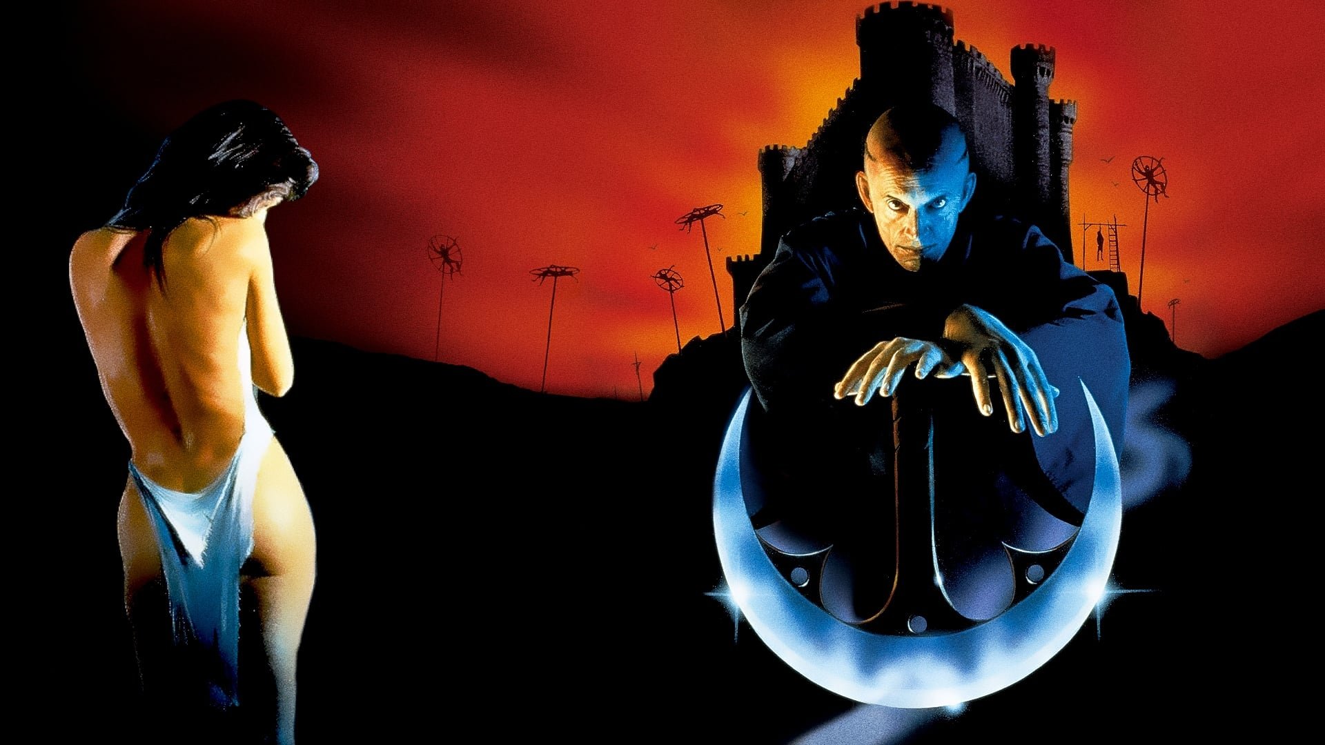 Cinematic background from The Pit and the Pendulum 1991 - Set during the height of Spanish Inquisition. The beautiful and kind-hearted Maria is arrested as a witch when she inadvertently cries out in horror at the public whipping of a child. As Maria’s husband Antonio tries to save her, Torquemada, the Grand Inquisitor, determines to punish Maria with torture for the desire she inflames in him. Loosely based on Edgar Allen Poe's classic short story.