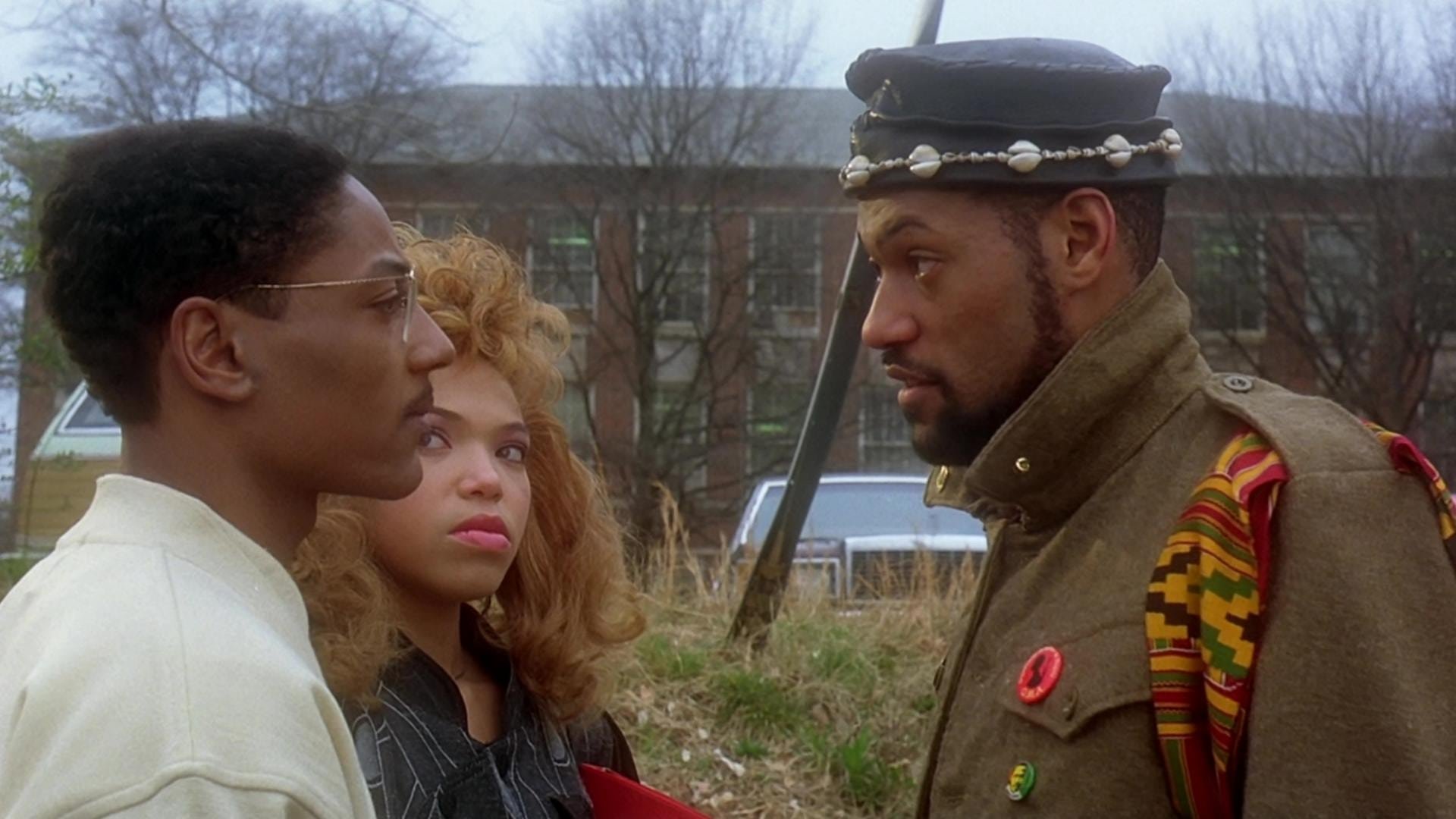 Cinematic background from School Daze 1988 - Fraternity and sorority members clash with other students at a historically black college during homecoming weekend.