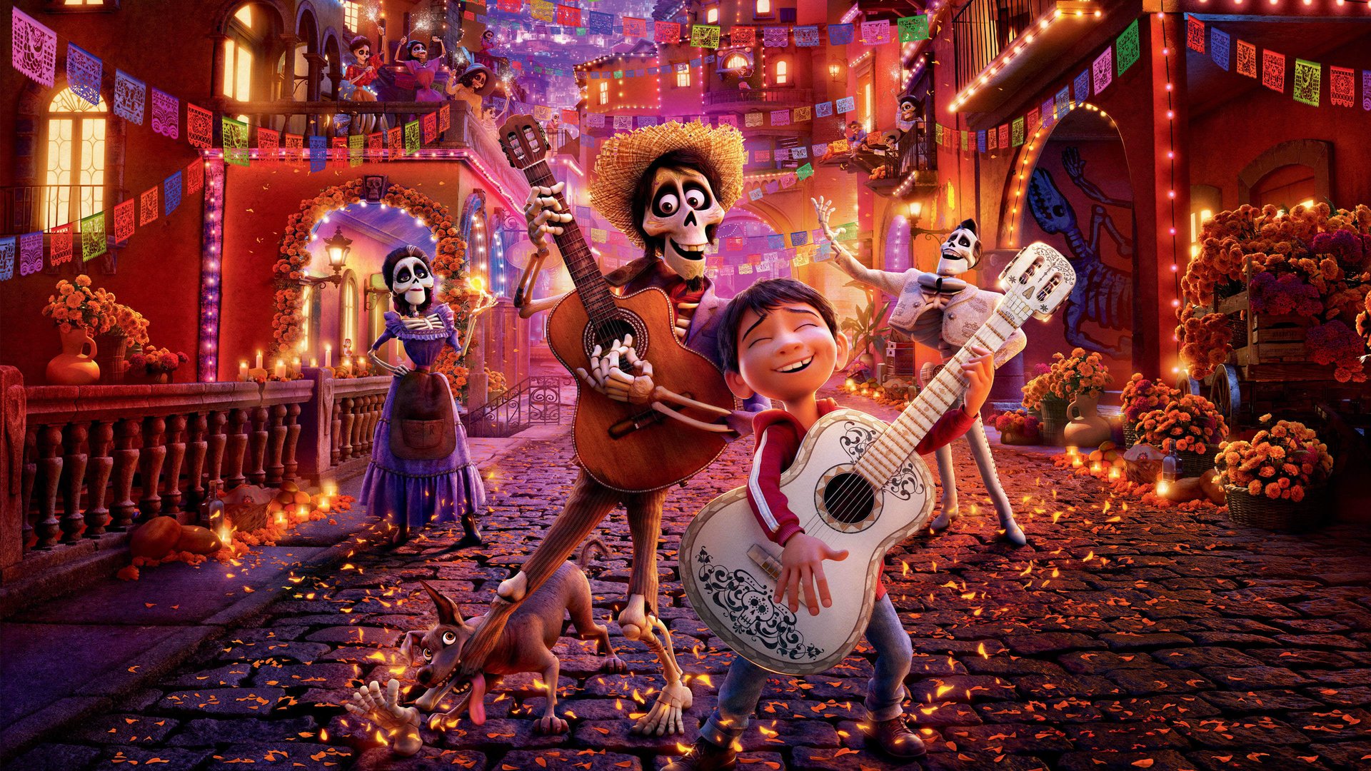 Cinematic background from Coco 2017 - Despite his family’s baffling generations-old ban on music, Miguel dreams of becoming an accomplished musician like his idol, Ernesto de la Cruz. Desperate to prove his talent, Miguel finds himself in the stunning and colorful Land of the Dead following a mysterious chain of events. Along the way, he meets charming trickster Hector, and together, they set off on an extraordinary journey to unlock the real story behind Miguel's family history.