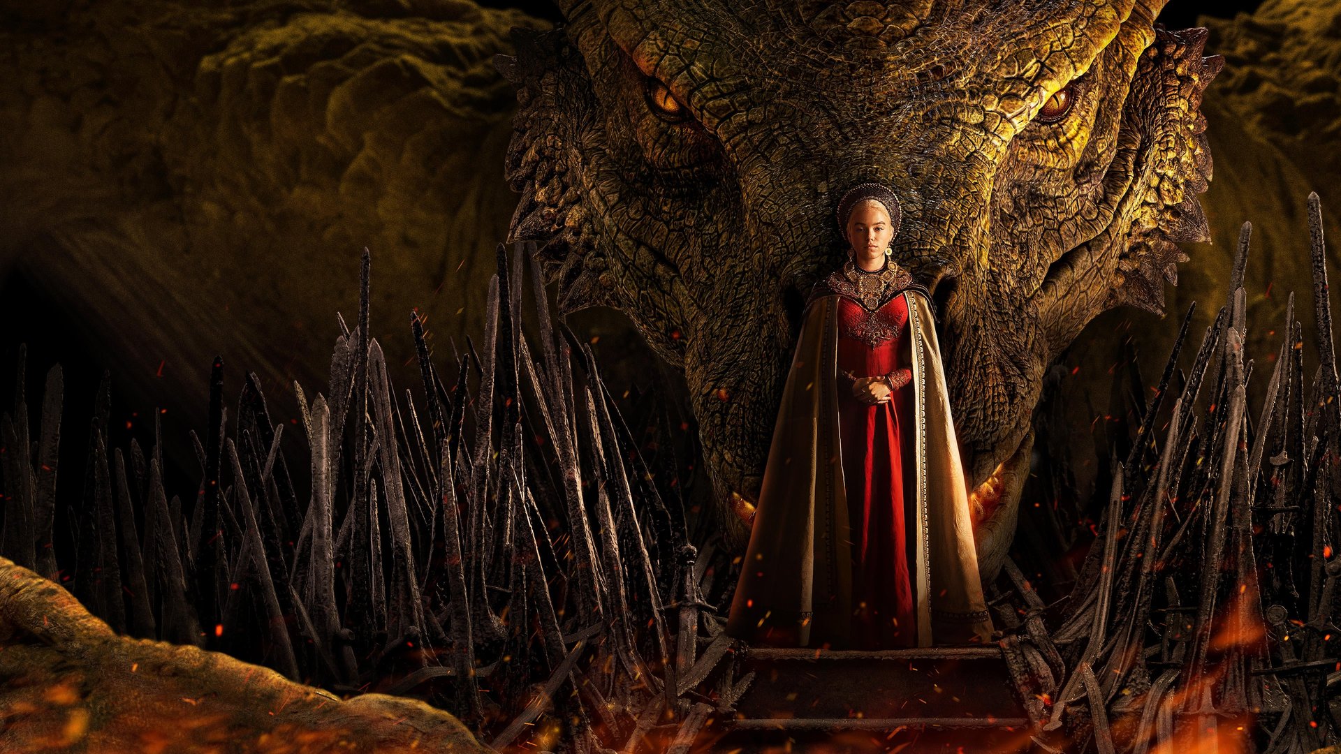 Cinematic background from House of the Dragon 2022 - The Targaryen dynasty is at the absolute apex of its power, with more than 15 dragons under their yoke. Most empires crumble from such heights. In the case of the Targaryens, their slow fall begins when King Viserys breaks with a century of tradition by naming his daughter Rhaenyra heir to the Iron Throne. But when Viserys later fathers a son, the court is shocked when Rhaenyra retains her status as his heir, and seeds of division sow friction across the realm.