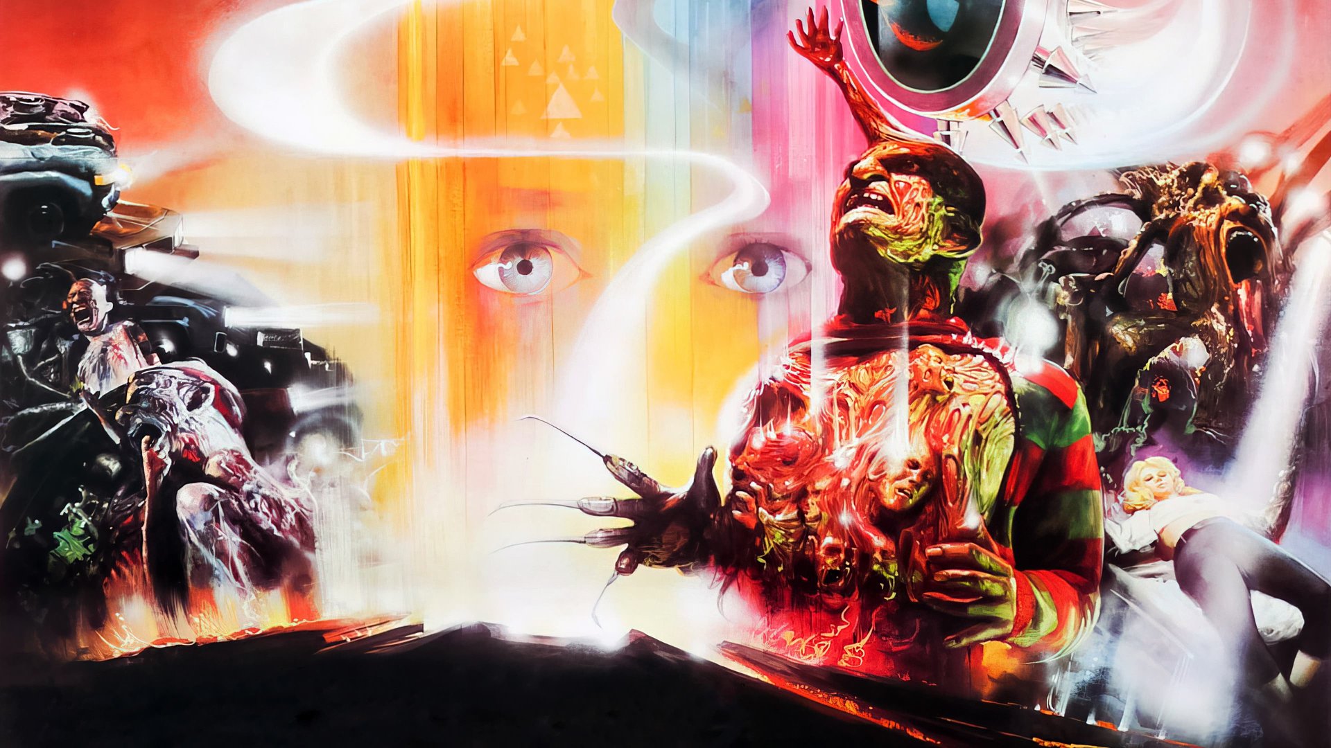 Cinematic background from A Nightmare on Elm Street 4: The Dream Master 1988 - Dream demon Freddy Krueger is resurrected from his apparent demise, and rapidly tracks down and kills the remainder of the Elm Street kids. However, Kristen, who can draw others into her dreams, wills her special ability to her friend Alice. Alice soon realizes that Freddy is taking advantage of that unknown power to pull a new group of children into his foul domain.
