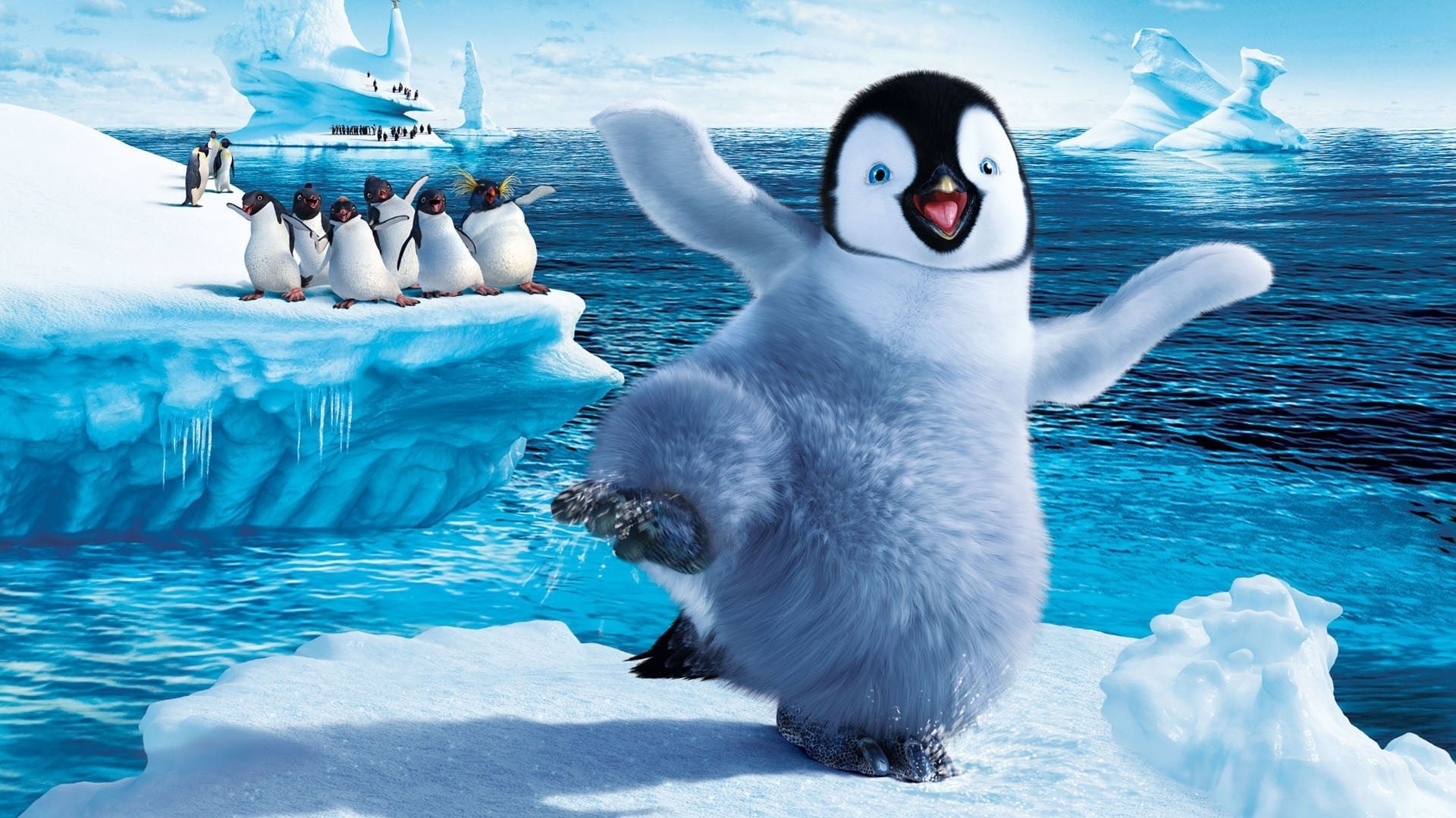 Cinematic background from Happy Feet 2006 - Into the world of the Emperor Penguins, who find their soul mates through song, a penguin is born who cannot sing. But he can tap dance something fierce!
