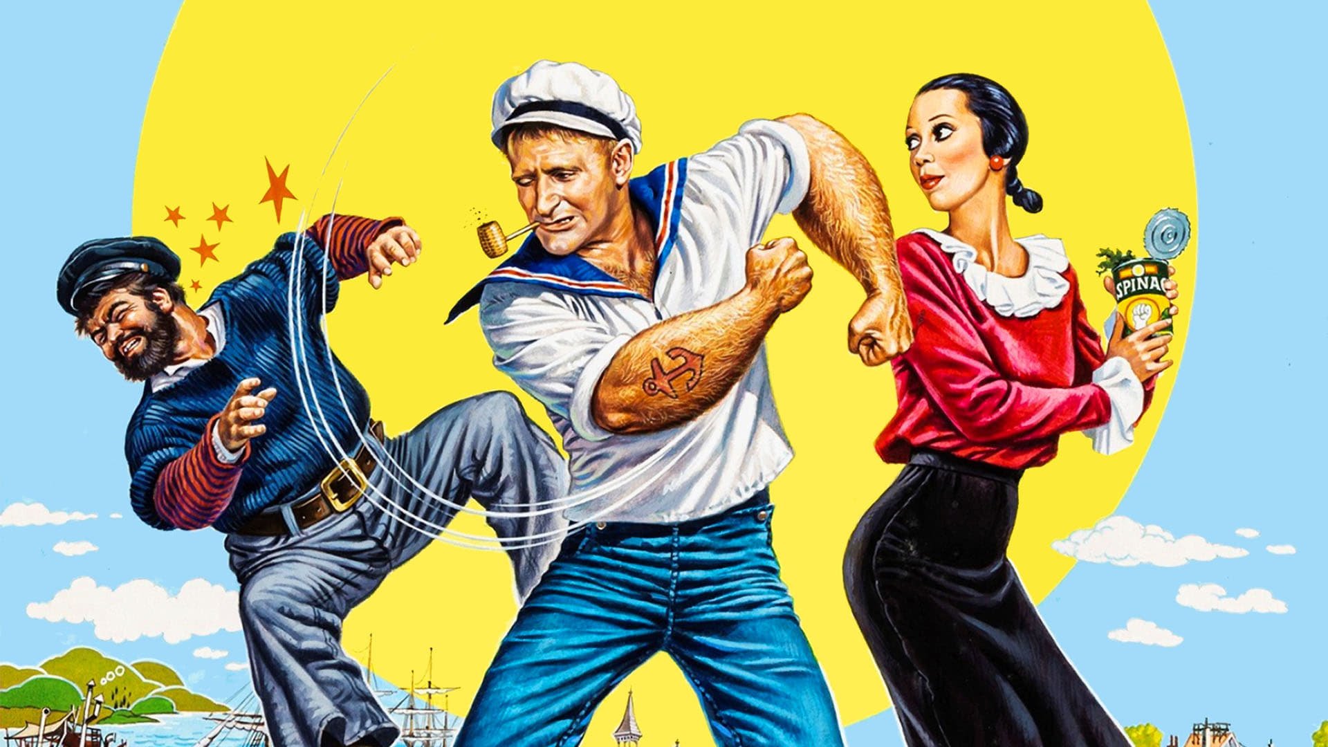 Cinematic background from Popeye 1980 - Popeye is a super-strong, spinach-scarfing sailor man who's searching for his father. During a storm that wrecks his ship, Popeye washes ashore and winds up rooming at the Oyl household, where he meets Olive. Before he can win her heart, he must first contend with Olive's fiancé, Bluto.