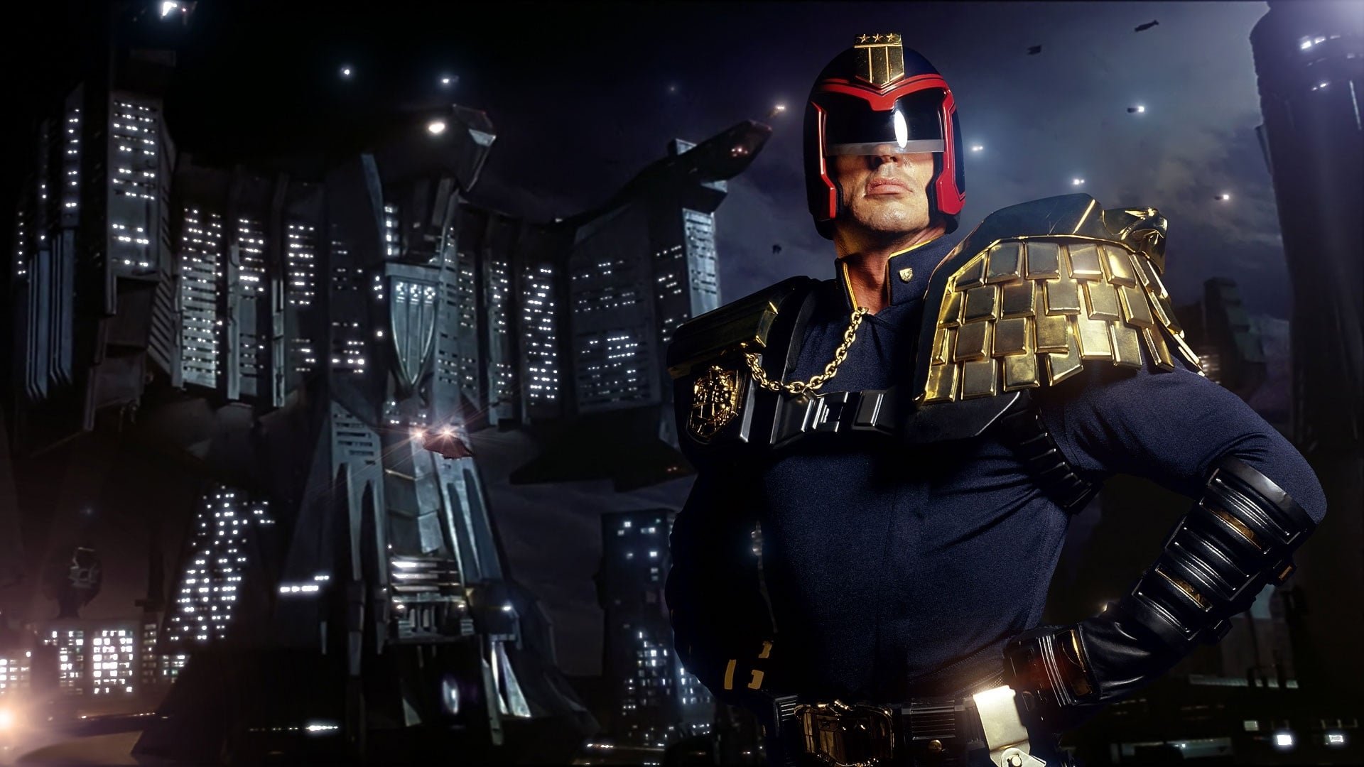 Cinematic background from Judge Dredd 1995 - In a dystopian future, Dredd, the most famous judge (a cop with instant field judiciary powers) is convicted for a crime he did not commit while his murderous counterpart escapes.