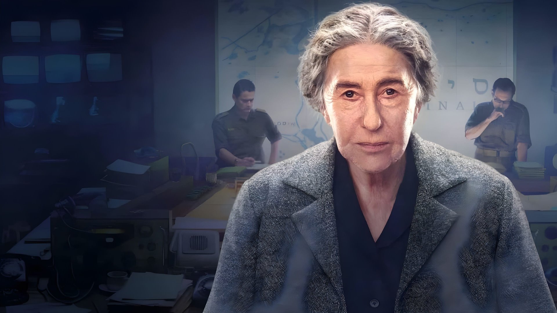 Cinematic background from Golda 2023 - Set during the tense 19 days of the Yom Kippur War in 1973, Israeli Prime Minister Golda Meir is faced with the potential of Israel’s complete destruction. She must navigate overwhelming odds, a skeptical cabinet and a complex relationship with US Secretary of State Henry Kissinger, with millions of lives in the balance. Her tough leadership and compassion would ultimately decide the fate of her nation and leave her with a controversial legacy around the world.