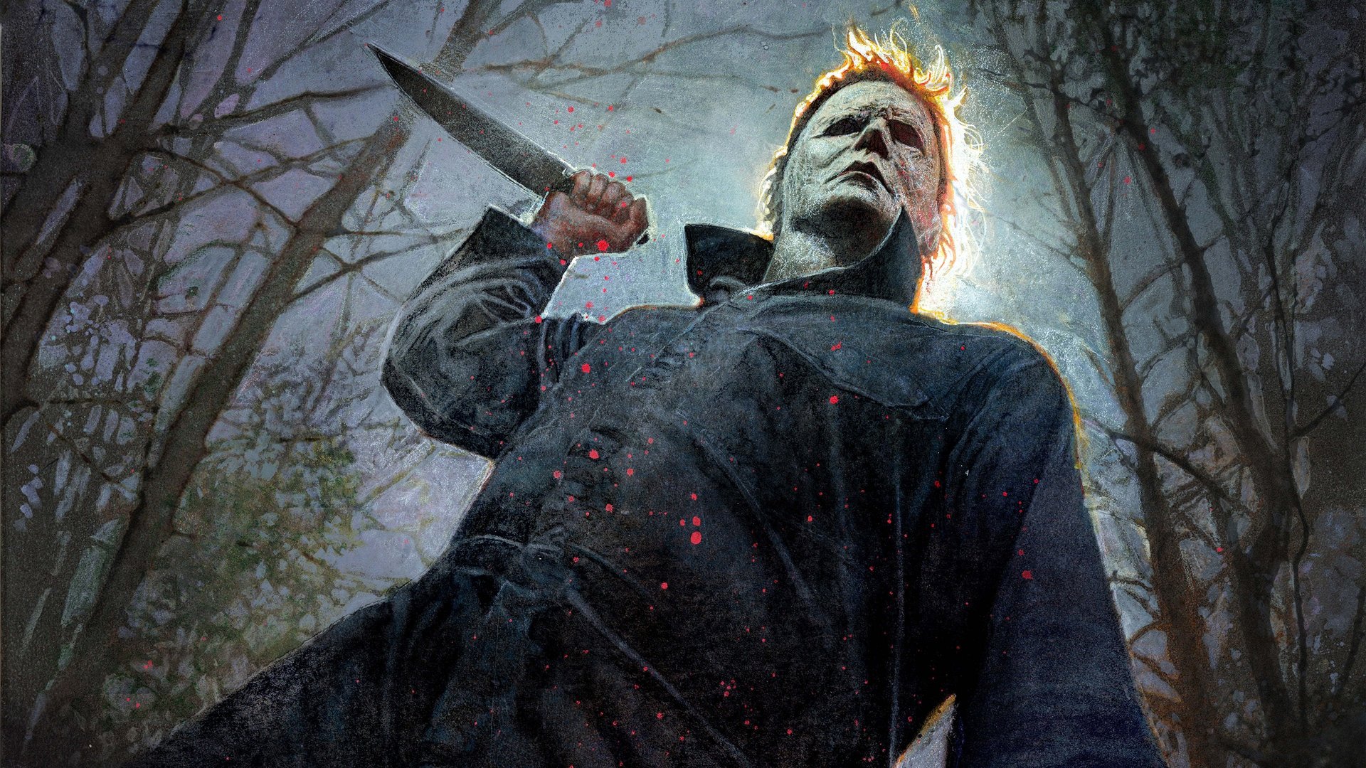 Cinematic background from Halloween 2018 - Laurie Strode comes to her final confrontation with Michael Myers, the masked figure who has haunted her since she narrowly escaped his killing spree on Halloween night four decades ago.