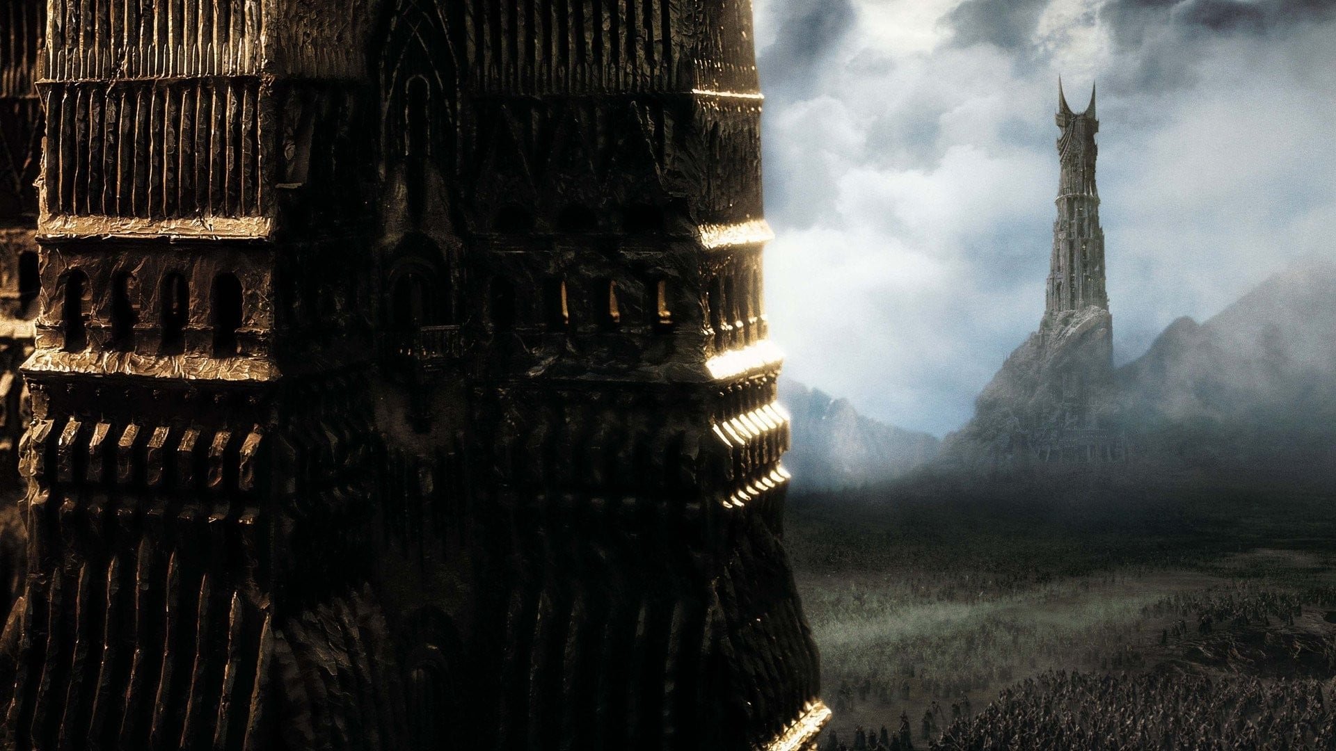 Cinematic background from The Lord of the Rings: The Two Towers 2002 - Frodo and Sam are trekking to Mordor to destroy the One Ring of Power while Gimli, Legolas and Aragorn search for the orc-captured Merry and Pippin. All along, nefarious wizard Saruman awaits the Fellowship members at the Orthanc Tower in Isengard.