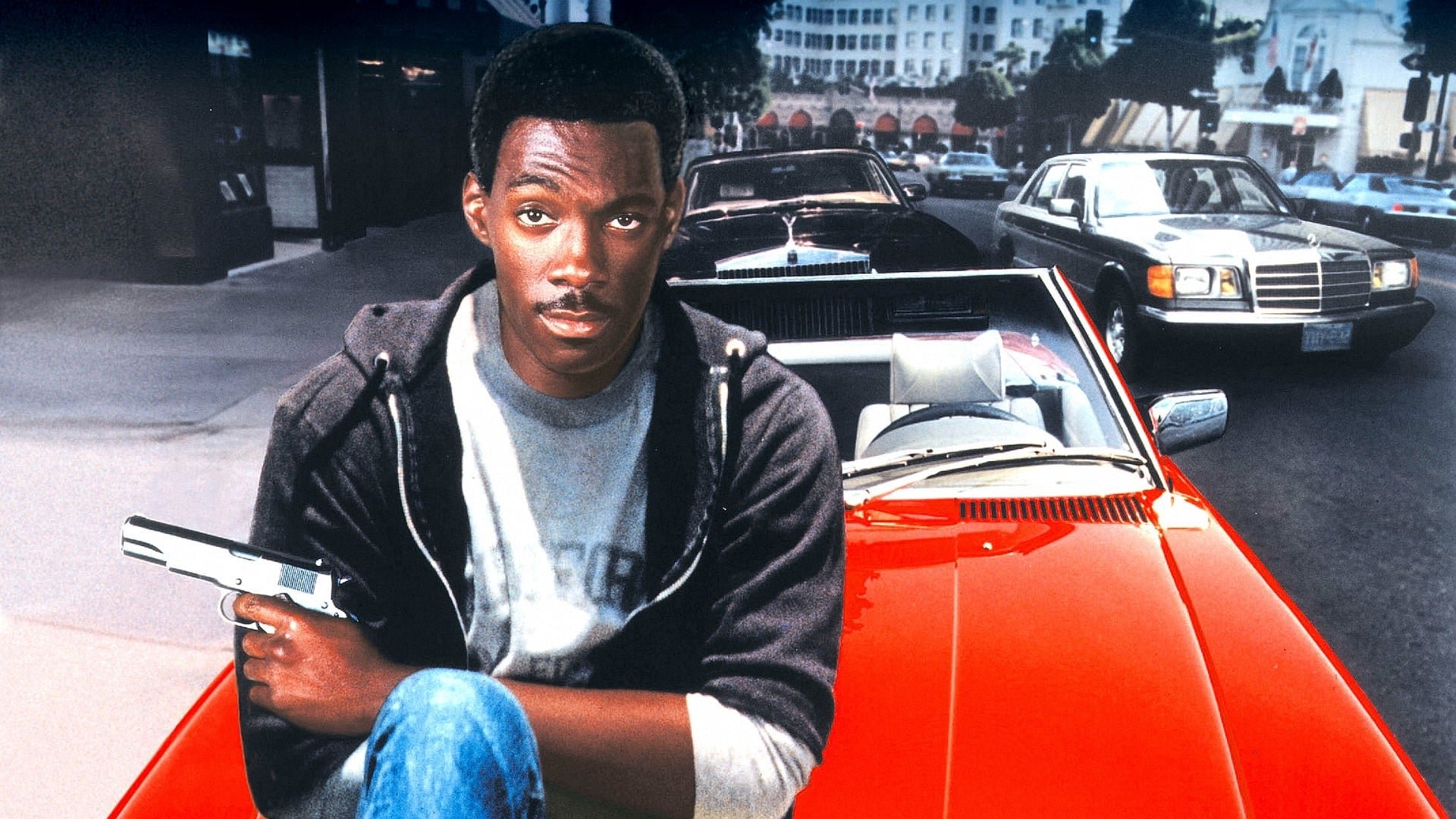 Cinematic background from Beverly Hills Cop 1984 - Fast-talking, quick-thinking Detroit street cop Axel Foley has bent more than a few rules and regs in his time, but when his best friend is murdered, he heads to sunny Beverly Hills to work the case like only he can.