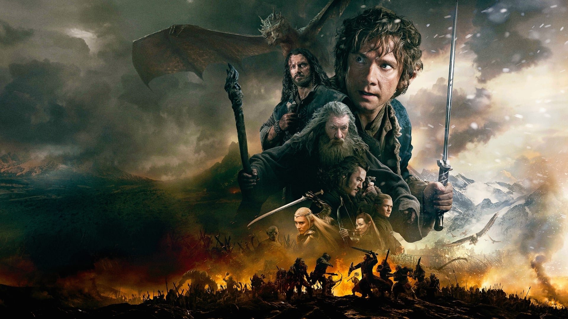 Cinematic background from The Hobbit: The Battle of the Five Armies 2014 - Immediately after the events of The Desolation of Smaug, Bilbo and the dwarves try to defend Erebor's mountain of treasure from others who claim it: the men of the ruined Laketown and the elves of Mirkwood. Meanwhile an army of Orcs led by Azog the Defiler is marching on Erebor, fueled by the rise of the dark lord Sauron. Dwarves, elves and men must unite, and the hope for Middle-Earth falls into Bilbo's hands.