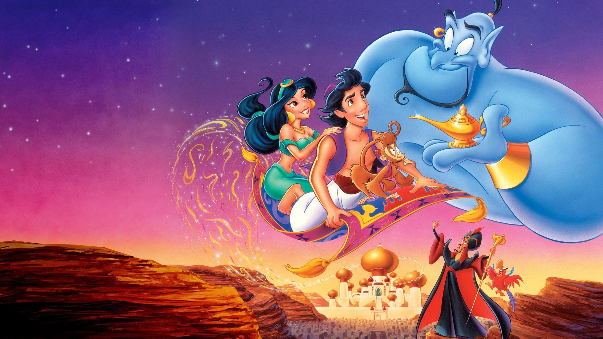 Cinematic background from Aladdin 1992 - Princess Jasmine grows tired of being forced to remain in the palace, so she sneaks out into the marketplace, in disguise, where she meets street urchin Aladdin. The couple falls in love, although Jasmine may only marry a prince. After being thrown in jail, Aladdin becomes embroiled in a plot to find a mysterious lamp, with which the evil Jafar hopes to rule the land.
