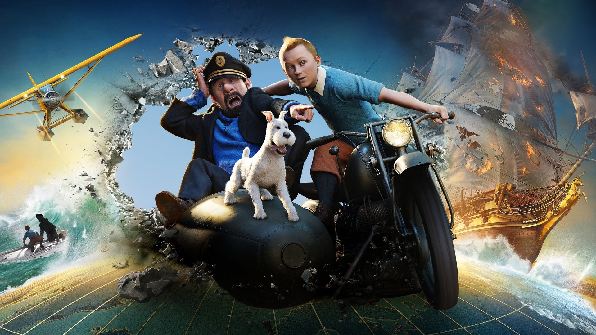 Cinematic background from The Adventures of Tintin 2011 - Intrepid young reporter, Tintin, and his loyal dog, Snowy, are thrust into a world of high adventure when they discover a ship carrying an explosive secret. As Tintin is drawn into a centuries-old mystery, Ivan Ivanovitch Sakharine suspects him of stealing a priceless treasure. Tintin and Snowy, with the help of salty, cantankerous Captain Haddock and bumbling detectives, Thompson and Thomson, travel half the world, one step ahead of their enemies, as Tintin endeavors to find the Unicorn, a sunken ship that may hold a vast fortune, but also an ancient curse.