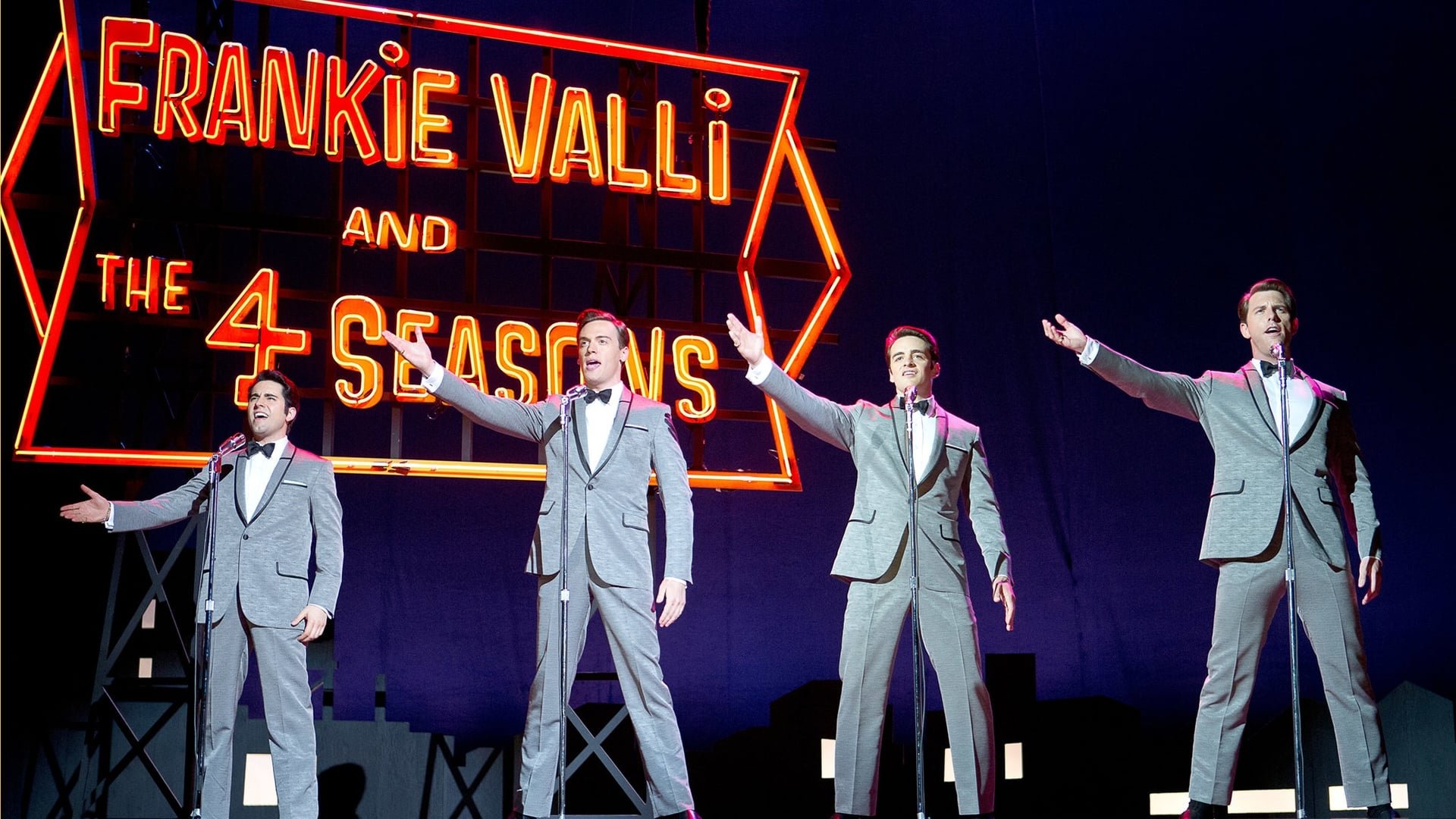 Cinematic background from Jersey Boys 2014 - A musical biopic of the Four Seasons—the rise, the tough times and personal clashes, and the ultimate triumph of a group of friends whose music became symbolic of a generation. Far from a mere tribute concert, it gets to the heart of the relationships at the centre of the group, with a special focus on frontman Frankie Valli, the small kid with the big falsetto.
