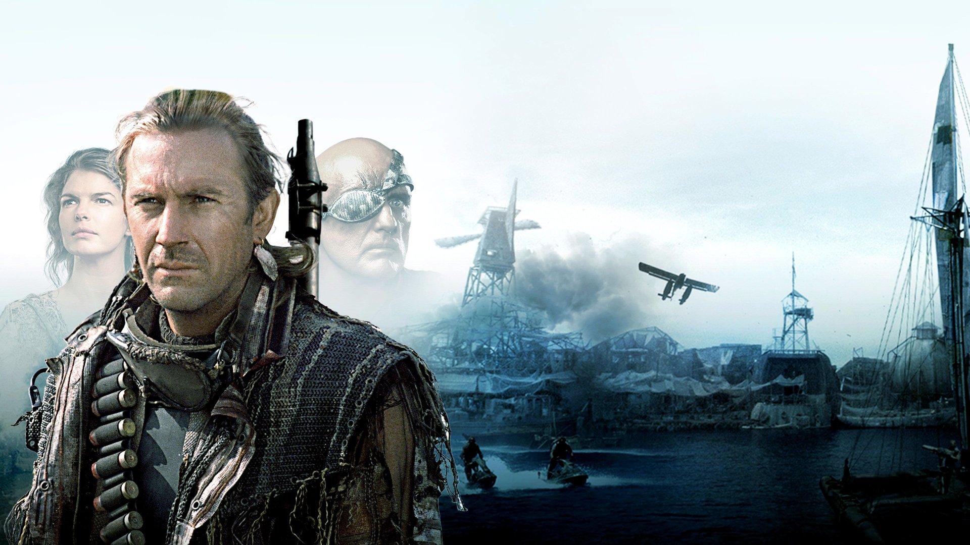 Cinematic background from Waterworld 1995 - In a futuristic world where the polar ice caps have melted and made Earth a liquid planet, a beautiful barmaid rescues a mutant seafarer from a floating island prison. They escape, along with her young charge, Enola, and sail off aboard his ship. But the trio soon becomes the target of a menacing pirate who covets the map to 'Dryland'—which is tattooed on Enola's back.