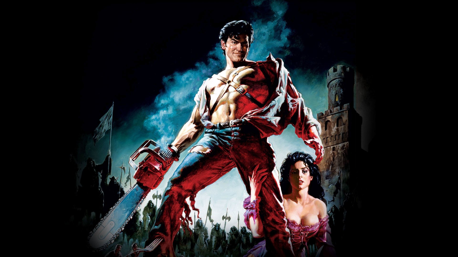 Cinematic background from Army of Darkness 1992 - Ash, a handsome, shotgun-toting, chainsaw-armed department store clerk, is time warped backwards into England's Dark Ages, where he romances a beauty and faces legions of the undead.