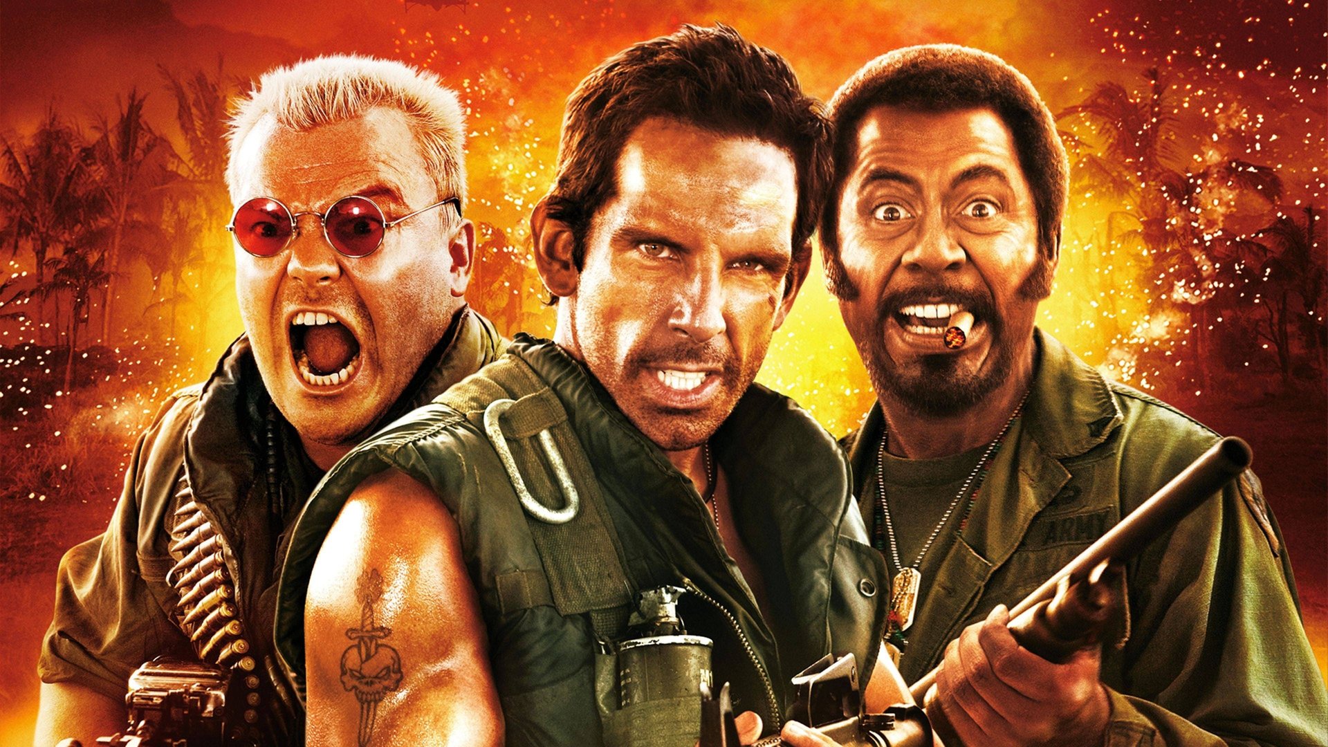Cinematic background from Tropic Thunder 2008 - A group of self-absorbed actors set out to make the most expensive war film ever. After ballooning costs force the studio to cancel the movie, the frustrated director refuses to stop shooting, leading his cast into the jungles of Southeast Asia, where they encounter real bad guys.
