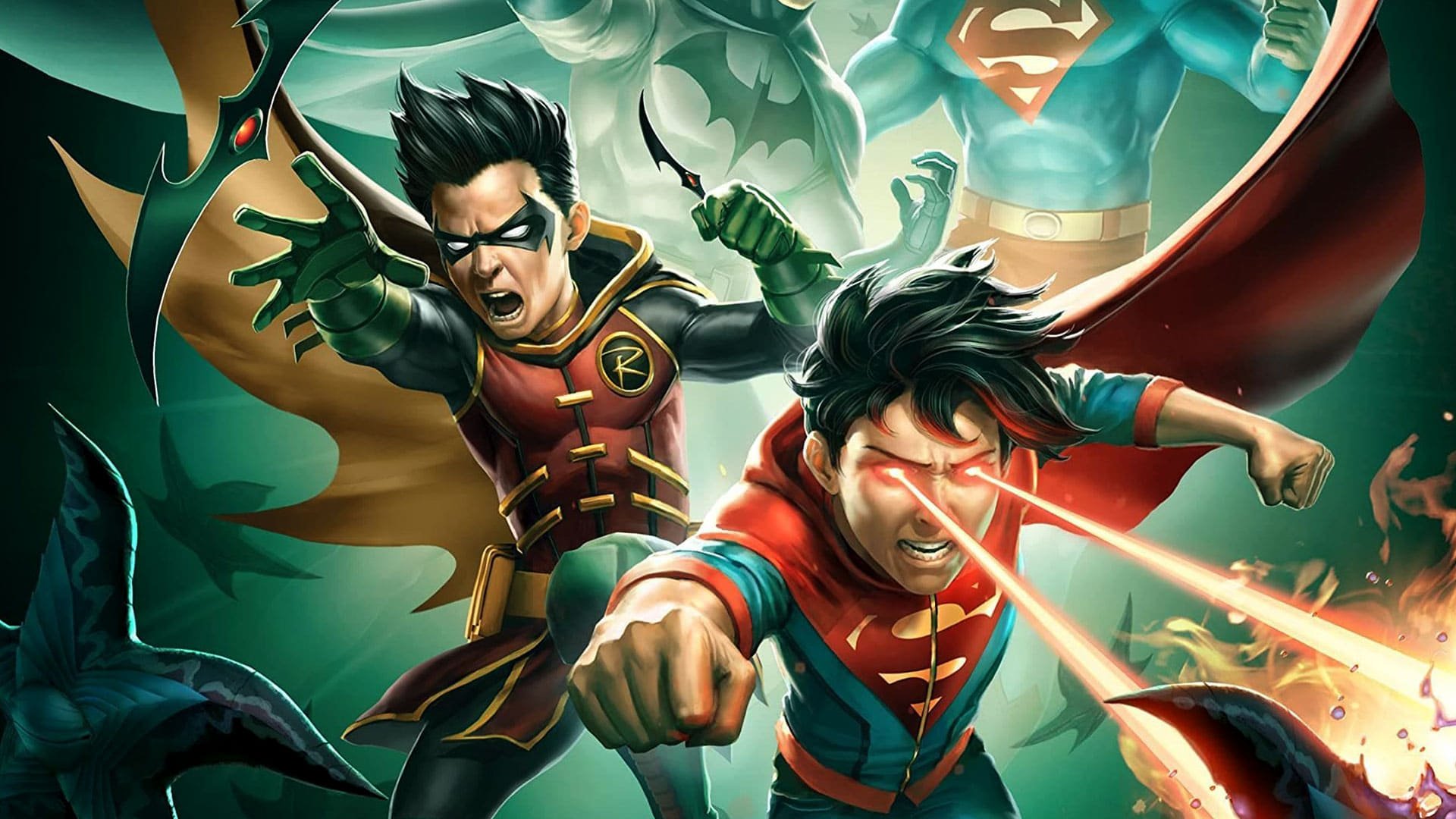 Cinematic background from Batman and Superman: Battle of the Super Sons 2022 - After discovering he has powers, 11-year-old Jonathan Kent and assassin-turned-Boy-Wonder Damian Wayne must join forces to rescue their fathers (Superman & Batman) and save the planet from the malevolent alien force known as Starro.