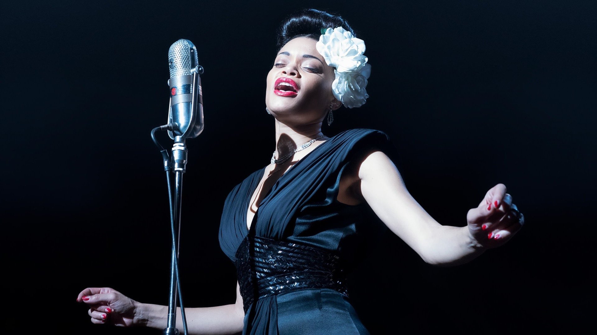 Cinematic background from The United States vs. Billie Holiday 2021 - Billie Holiday spent much of her career being adored by fans. In the 1940s, the government targeted Holiday in a growing effort to racialize the war on drugs, ultimately aiming to stop her from singing her controversial ballad, "Strange Fruit."