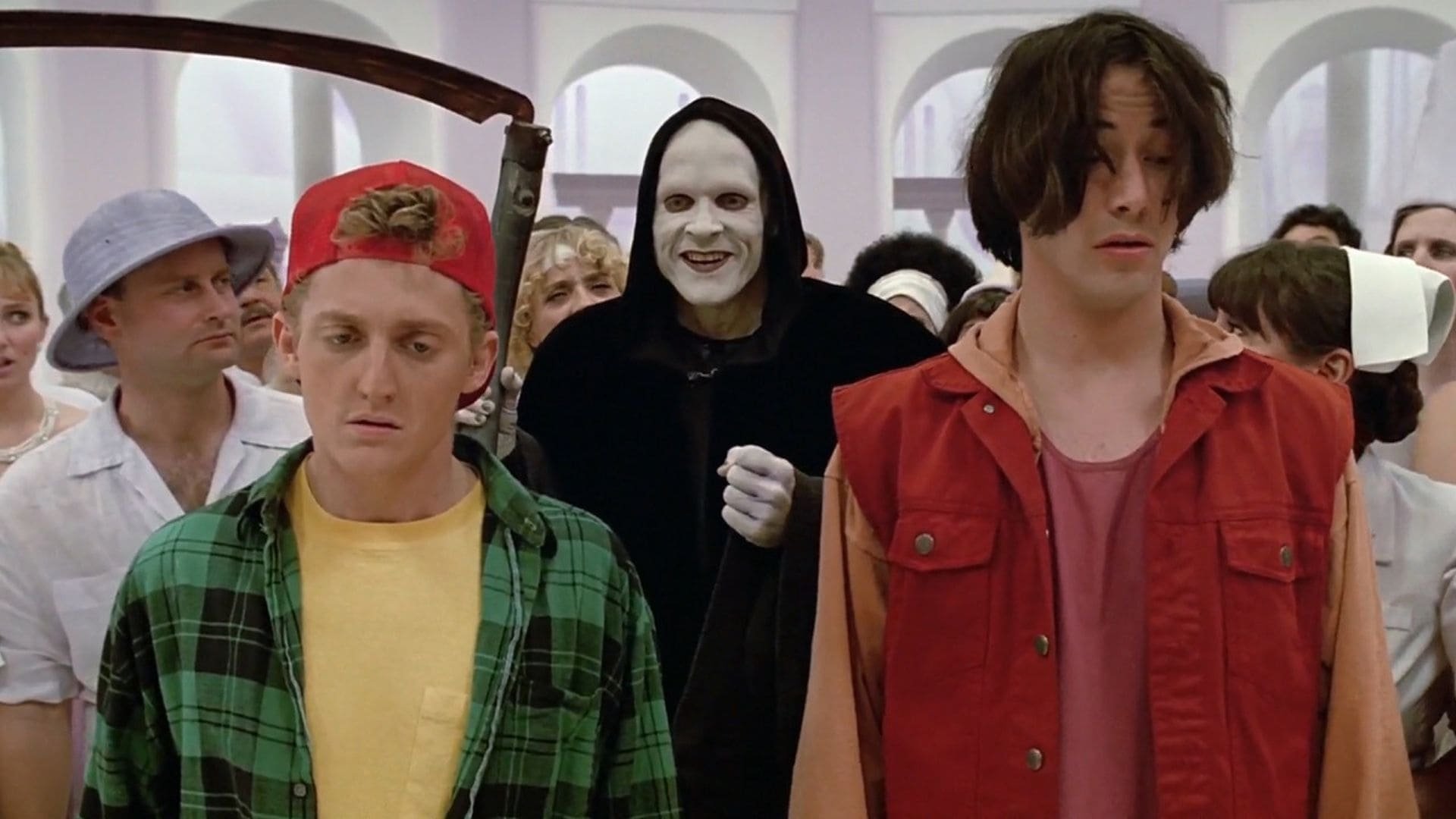 Cinematic background from Bill & Ted's Bogus Journey 1991 - Amiable slackers Bill and Ted are once again roped into a fantastical adventure when De Nomolos, a villain from the future, sends evil robot duplicates of the two lads to terminate and replace them. The robot doubles actually succeed in killing Bill and Ted, but the two are determined to escape the afterlife, challenging the Grim Reaper to a series of games in order to return to the land of the living.