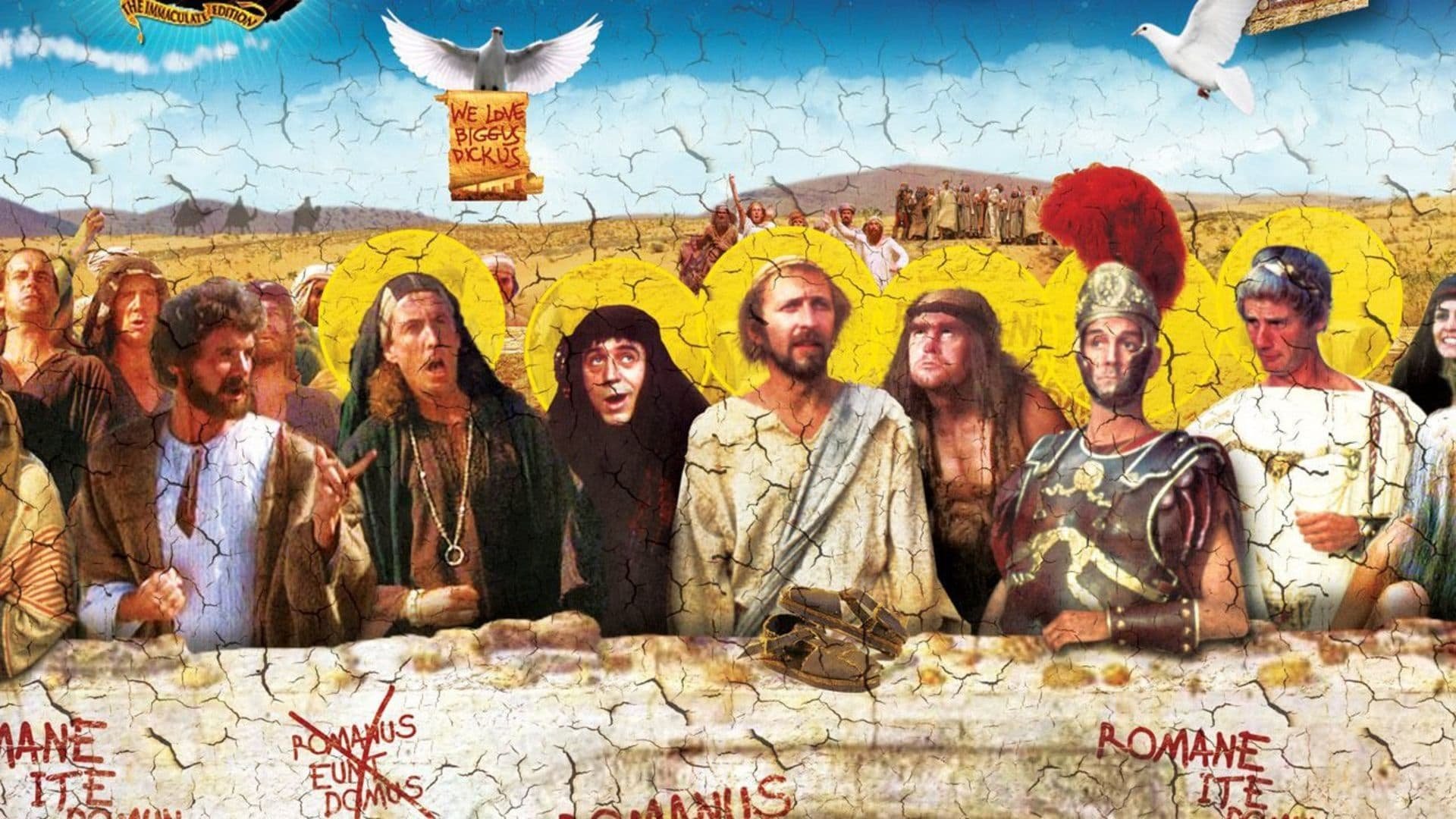 Cinematic background from Life of Brian 1979 - Brian Cohen is an average young Jewish man, but through a series of ridiculous events, he gains a reputation as the Messiah. When he's not dodging his followers or being scolded by his shrill mother, the hapless Brian has to contend with the pompous Pontius Pilate and acronym-obsessed members of a separatist movement. Rife with Monty Python's signature absurdity, the tale finds Brian's life paralleling Biblical lore, albeit with many more laughs.