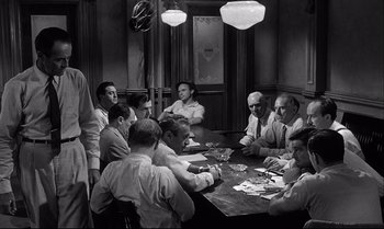 Movie still from “12 Angry Men” (1957), directed by Sidney Lumet – A black and white photo of a group of men sitting at a table; Wide shot, High angle