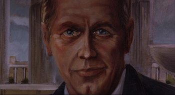 Movie still from “He Got Game” (1998), directed by Spike Lee – An oil painting of a man's face in a suit and tie; Extreme Close Up shot, Low angle