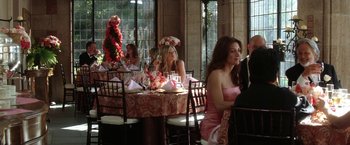 Movie still from “He's Just Not That Into You” (2009), directed by Ken Kwapis – A group of women sitting at a table with a cake on top of it; Wide shot, Over the shoulder angle