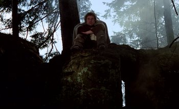 Movie still from “Heart of Glass” (1976), directed by Werner Herzog – A man sitting on top of a tree in the woods; Wide shot, Low angle