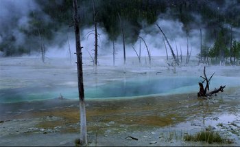 Movie still from “Heart of Glass” (1976), directed by Werner Herzog – A view of a hot spring in the middle of a forest; Extreme Wide shot, High angle