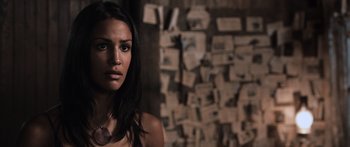 Movie still from “Tucker and Dale vs Evil” (2010), directed by Eli Craig – A woman standing in front of a wall covered in papers; Close Up shot, Over the shoulder angle