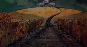 Movie still from “Heavy Metal” (1981), directed by Gerald Potterton – A painting of a dirt road leading to a house on top of a hill; Extreme Wide shot, High angle