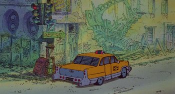 Movie still from “Heavy Metal” (1981), directed by Gerald Potterton – An old yellow taxi cab parked in front of a graffiti wall; Extreme Wide shot, High angle