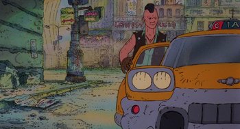 Movie still from “Heavy Metal” (1981), directed by Gerald Potterton – A cartoon of a man in a leather vest standing next to a car; Wide shot, Low angle