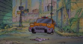 Movie still from “Heavy Metal” (1981), directed by Gerald Potterton – A cartoon drawing of a car on the street; Extreme Wide shot, High angle