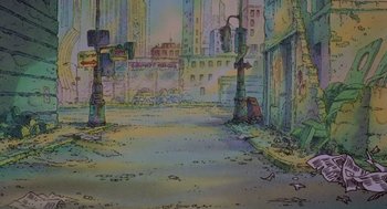 Movie still from “Heavy Metal” (1981), directed by Gerald Potterton – An artistic drawing of a city street and buildings; Extreme Wide shot, High angle