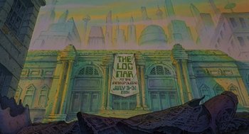 Movie still from “Heavy Metal” (1981), directed by Gerald Potterton – A painting of a large building with a banner hanging from it's side; Extreme Wide shot, Low angle
