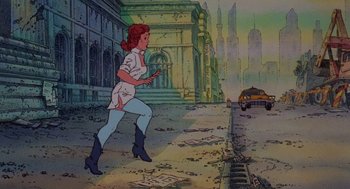 Movie still from “Heavy Metal” (1981), directed by Gerald Potterton – A woman running down a street in a city; Wide shot, High angle