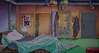 Movie still from “Heavy Metal” (1981), directed by Gerald Potterton – An image of a room with a bed in it; Wide shot, High angle