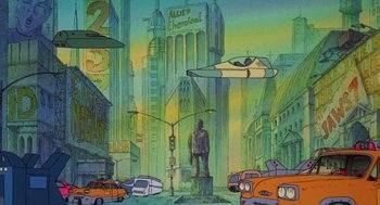 Movie still from “Heavy Metal” (1981), directed by Gerald Potterton – An illustration of a city with a statue of a man and cars; Extreme Wide shot, Low angle
