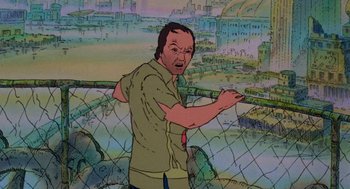 Movie still from “Heavy Metal” (1981), directed by Gerald Potterton – A man standing on top of a building near a fence; Close Up shot, Low angle